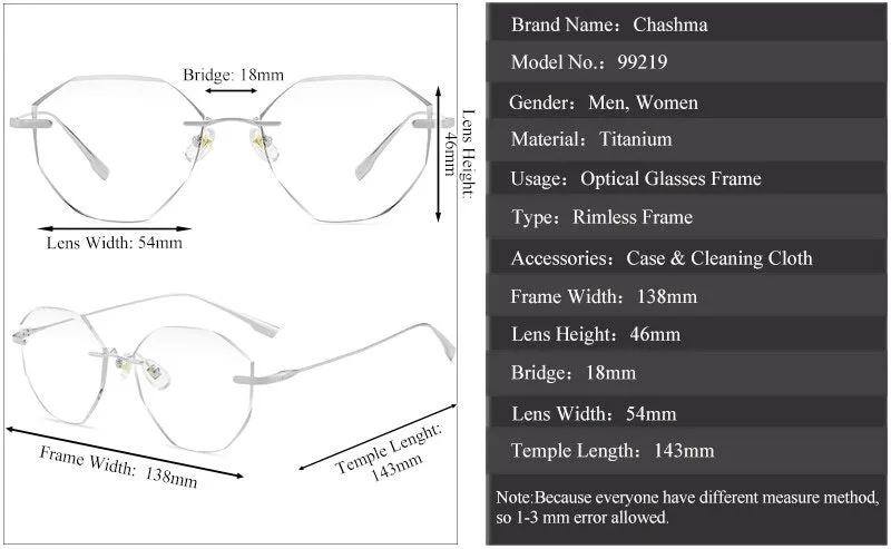 Chashma Women's Rimless Irregular Round Titanium Eyeglasses Tinted Lenses 99219